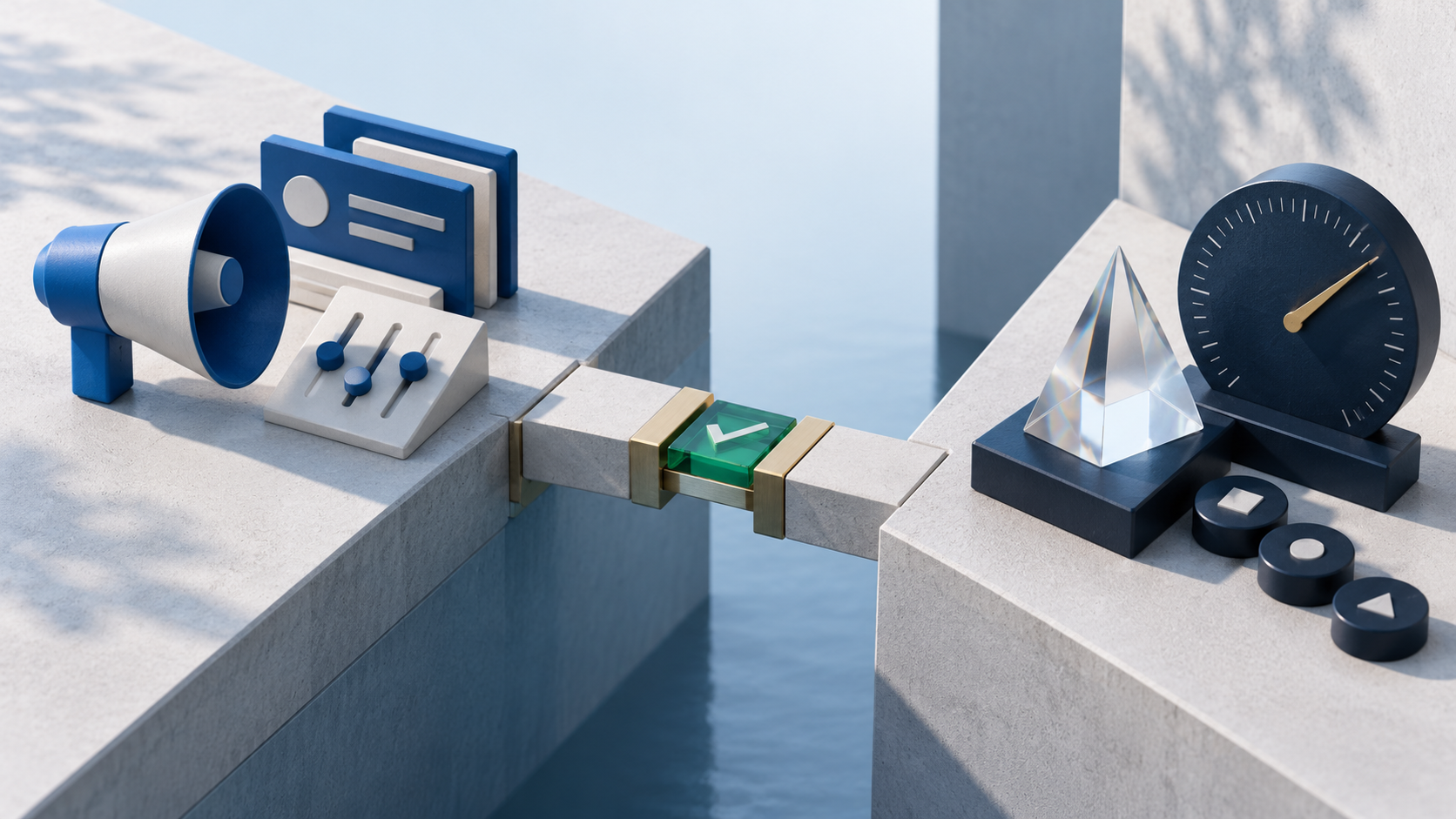 A modular bridge connects blue campaign controls to a separate measurement station, illustrating an explicit handoff of conversion measurement responsibilities.