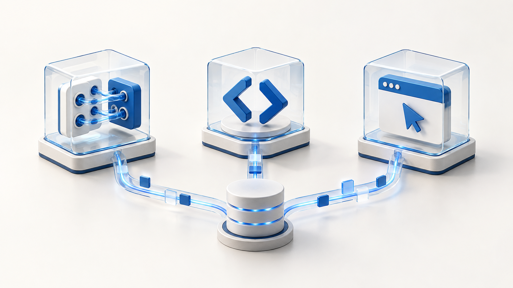 Three blue modules representing API connections, code, and browser automation, connected to a shared data hub.