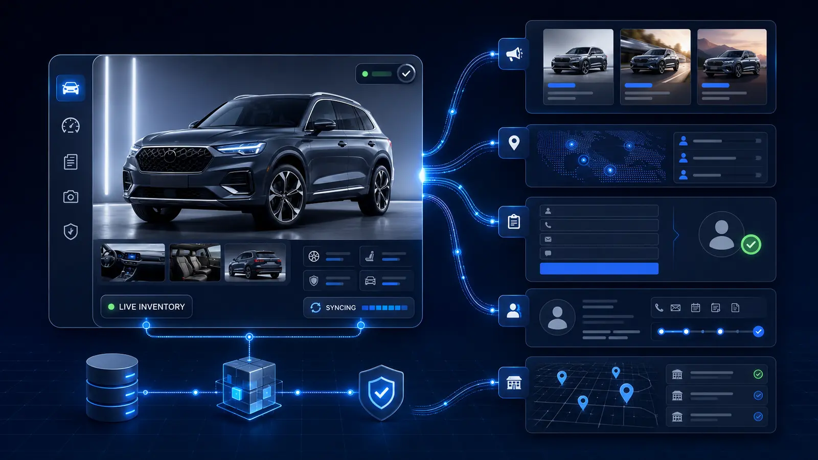 Automated automotive advertising workflow connecting live vehicle inventory with campaign creatives, lead capture, CRM and sales-point routing.