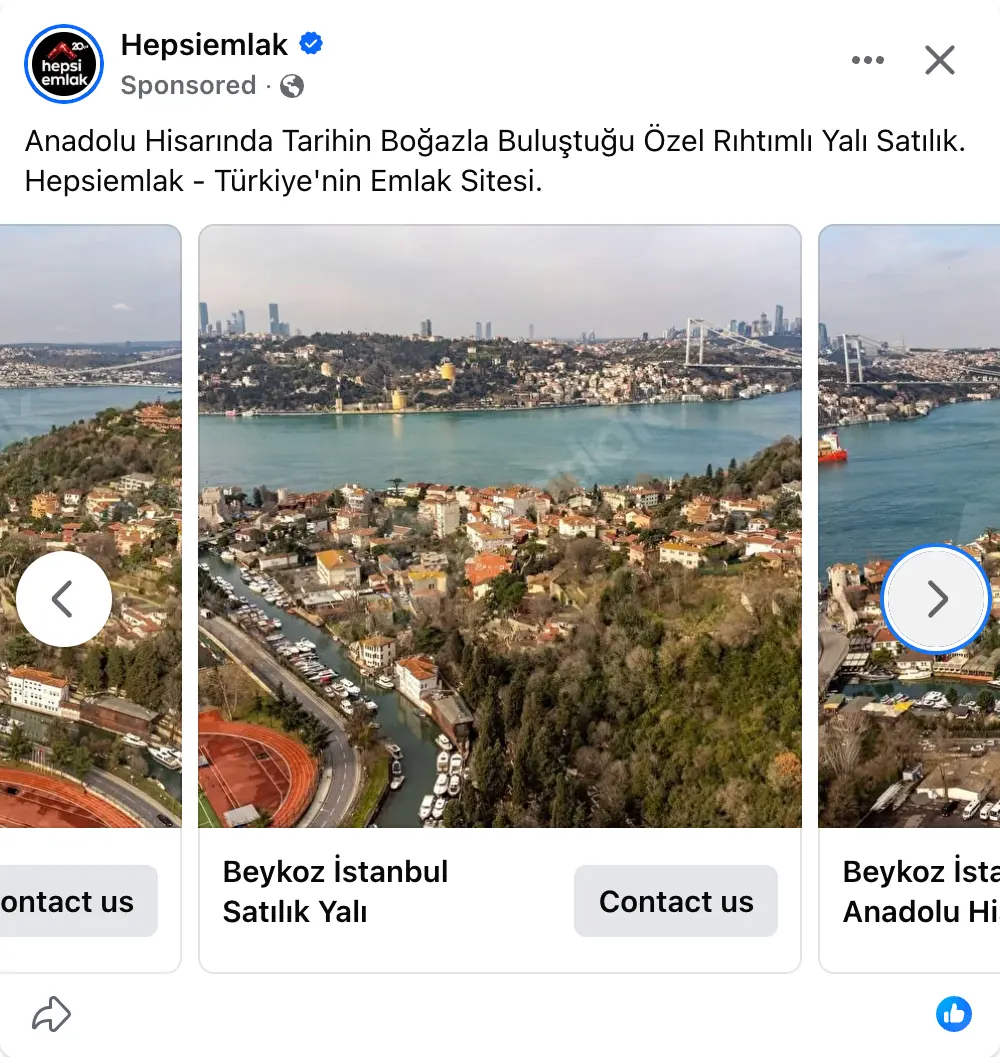 Hepsiemlak desktop feed carousel showing multiple synchronized property listing advertisement cards.