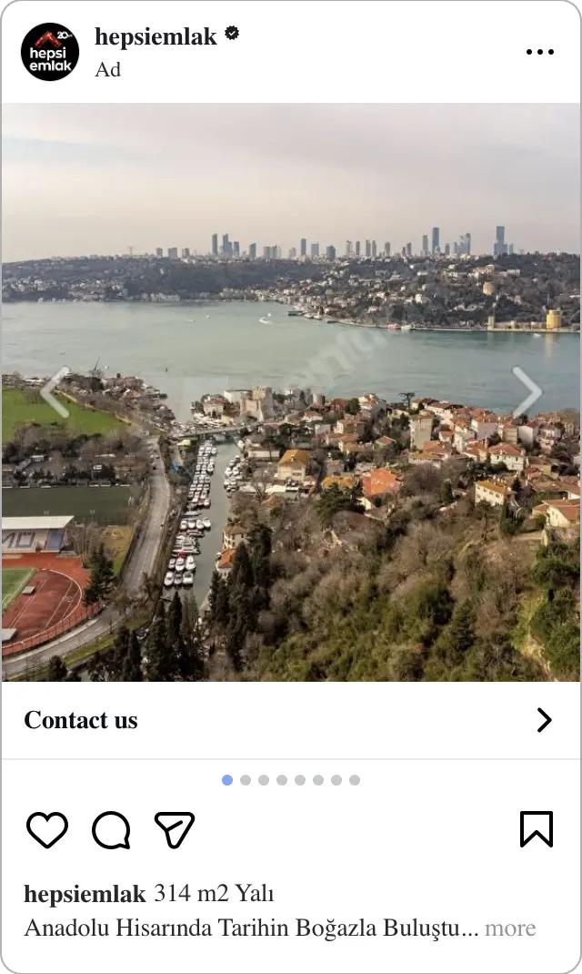 Hepsiemlak Instagram Feed advertising preview for a waterfront property listing in Istanbul.
