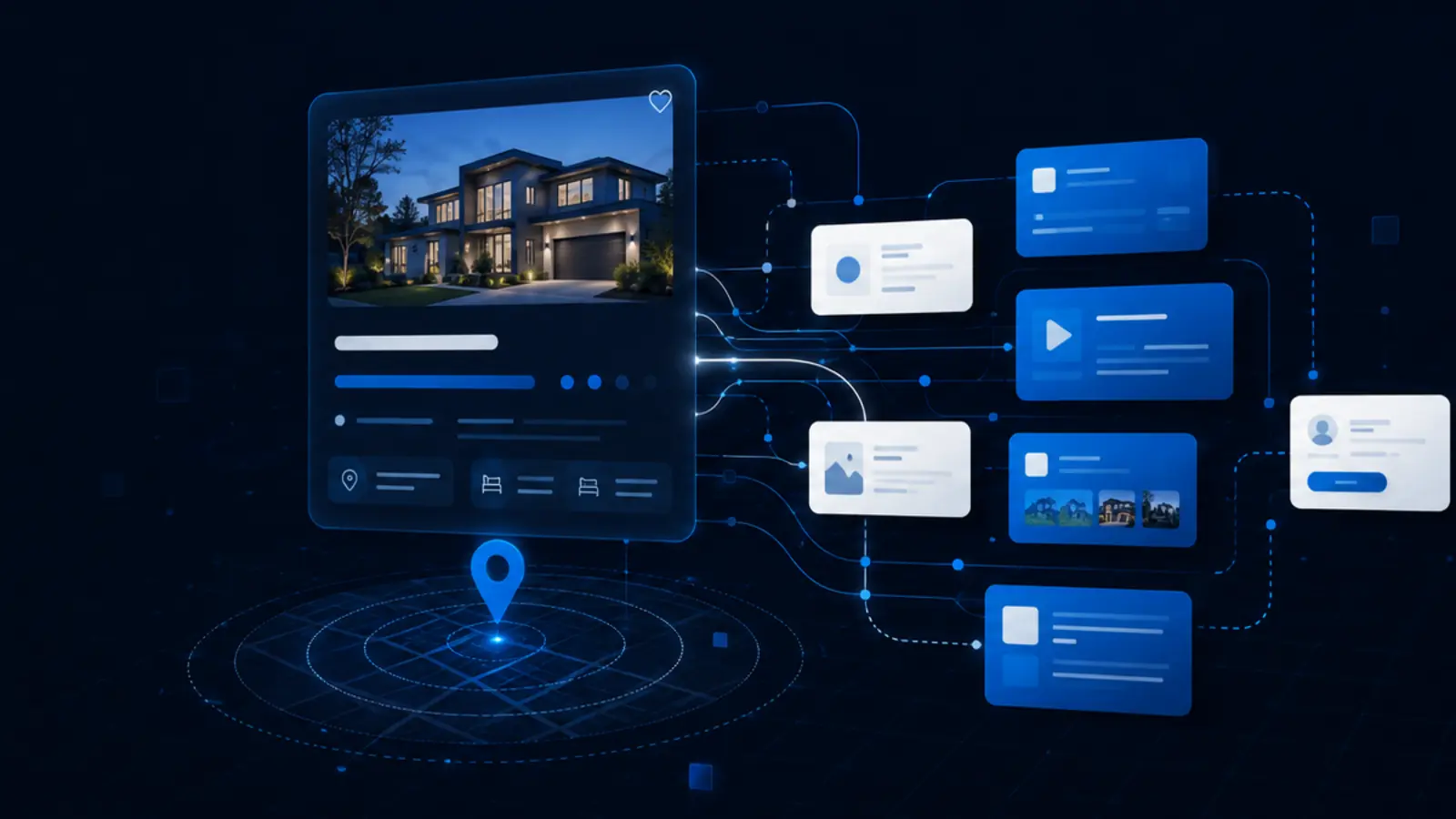 Automated advertising workflow connecting a live property listing with location targeting, campaign creatives and lead generation.
